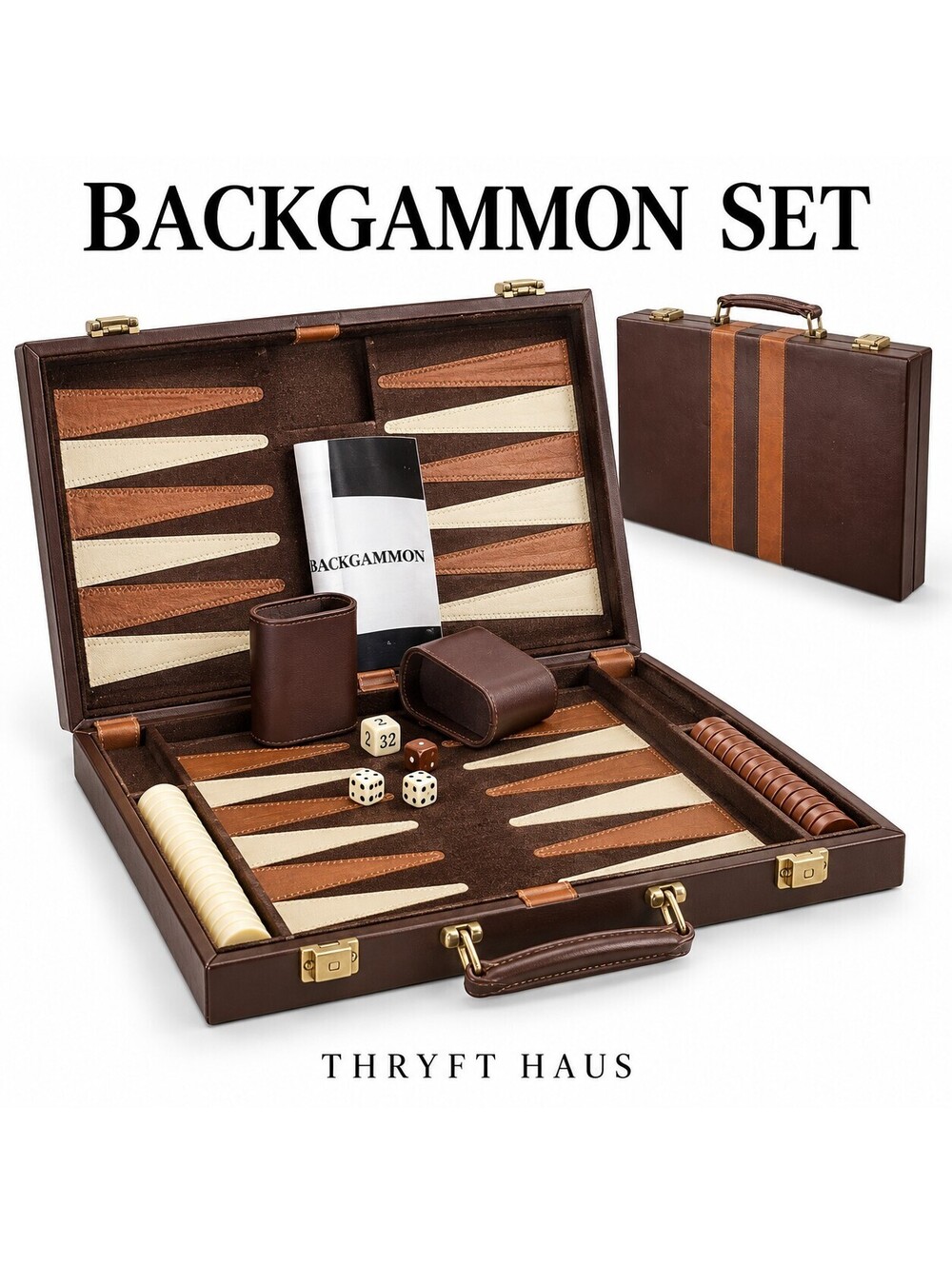 Thryft Haus Classic Backgammon Set with Brown and Cream Board, Dice Cups, and St